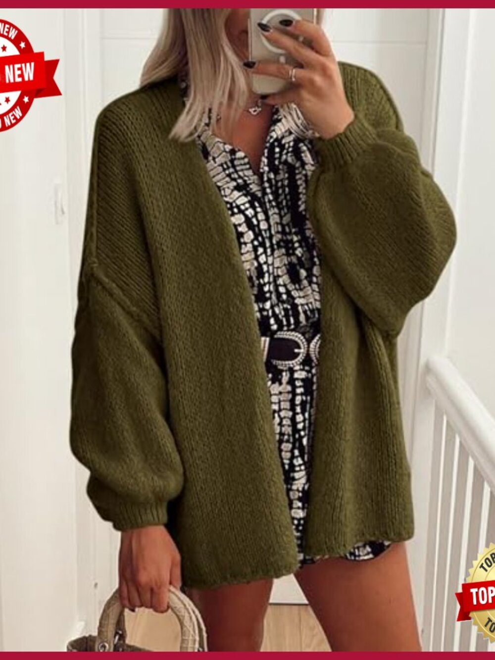 Oversized Cardigan Sweater Long Lantern Sleeve Open Front Lightweight Knit - Picture 4 of 7